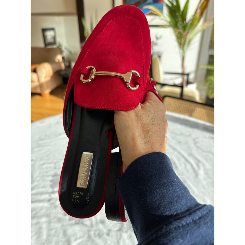 Primark Red Mules Loafers Women's Size 7 US‎ 38 EUR Gold Horsebit Slip On